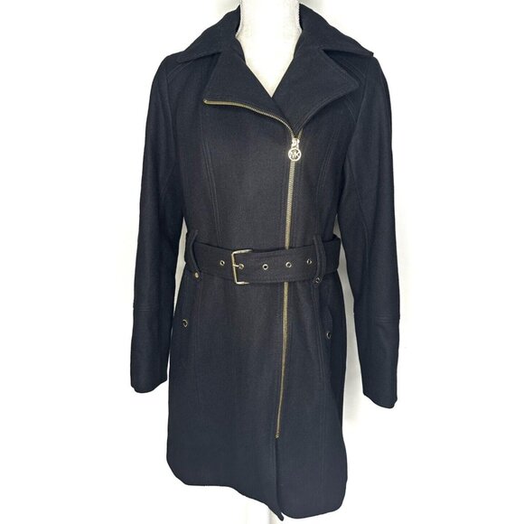 Michael Kors Asymmetric Zip Wool Blend Coat Black Women's Size 8 Belted Hooded - Picture 1 of 16